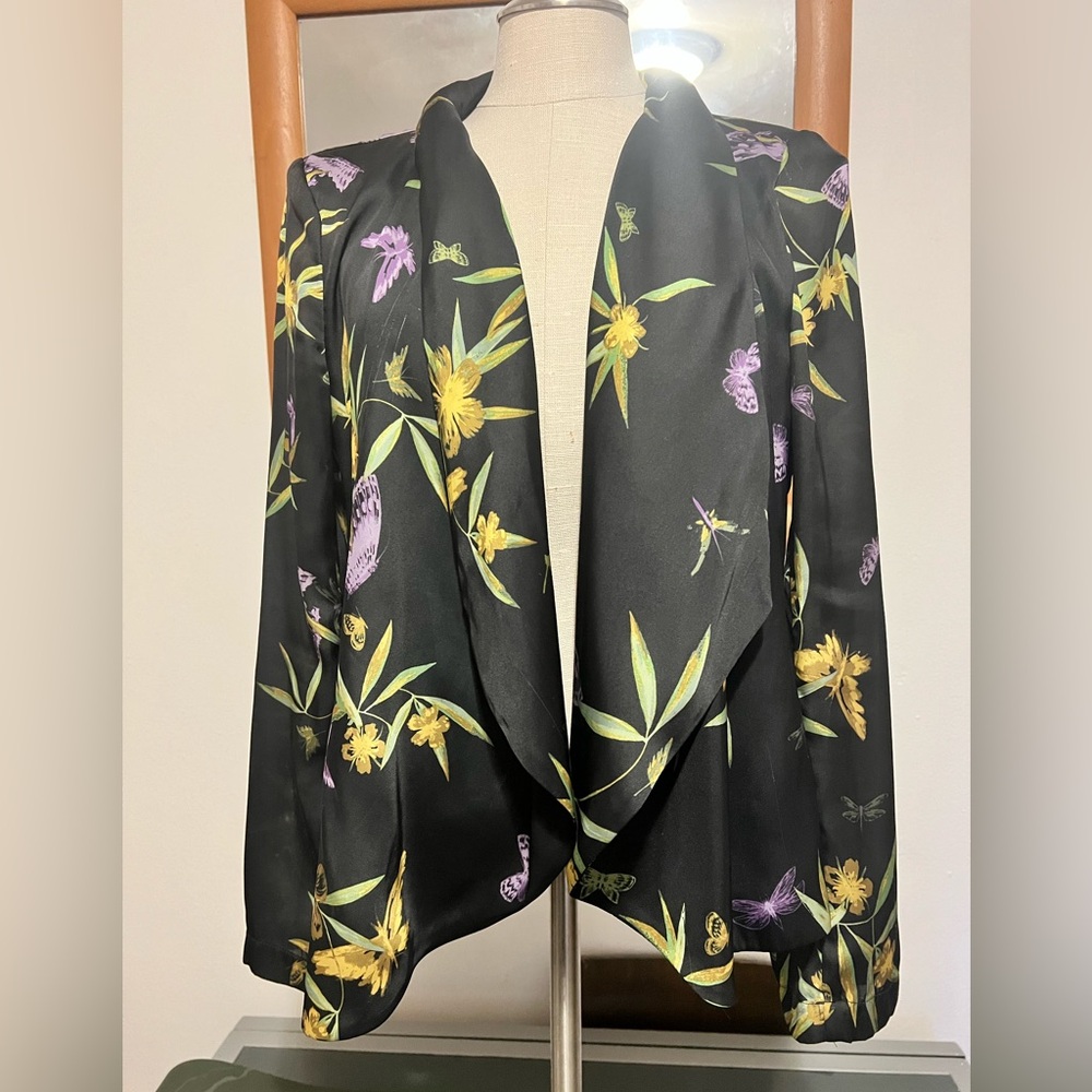 H&M Black shawl collared silky jacket with Floral Detail